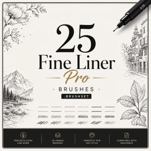 Professional Fine Liner Brush Set | 25 Procreate & Photoshop Brushes for Artists, Designers Illustrators