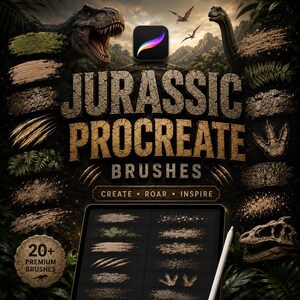 Puede incluir: Pinceles de arte digital para Procreate con temática jurásica. La imagen presenta una tableta que muestra trazos de pincel, ilustraciones de dinosaurios y el texto "Jurassic Procreate Brushes". Incluye las frases "Create, Roar, Inspire" y "20+ Premium Brushes".
