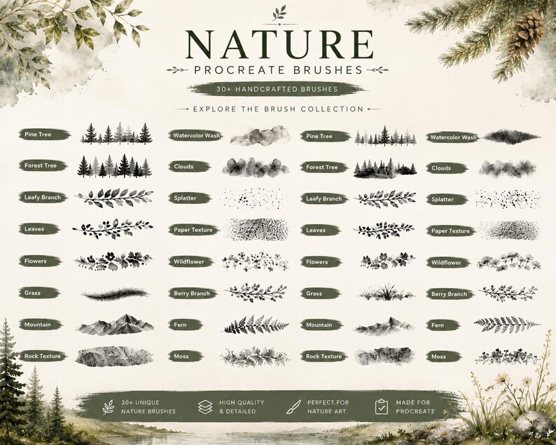 30+ Nature Procreate Brushes | Watercolor Trees, Leaves & Landscape ...