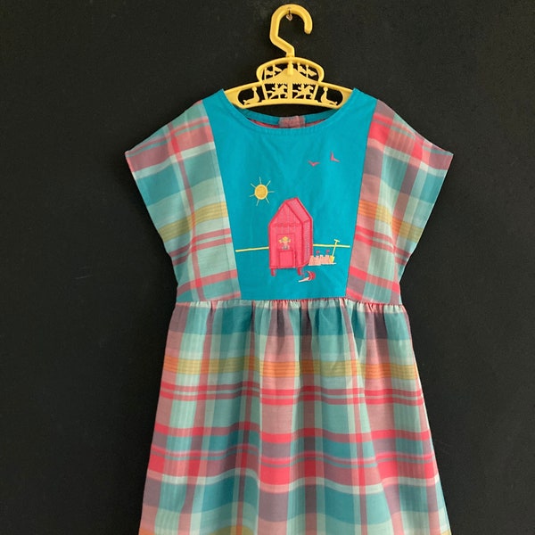 Vintage 80s Pink & Blue Plaid Seaside Dress, Age 6