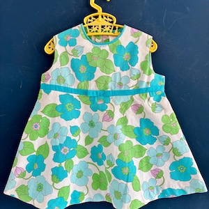 Girls 60s Green & Blue Floral Summer Dress, Age 3