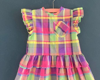 Colourful Plaid Vintage Baby Dress, Size 12 - 18 Months