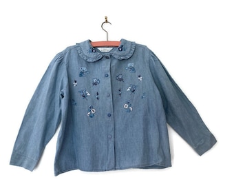 Girls Vintage Blue Chambray Blouse, Age 7 -8