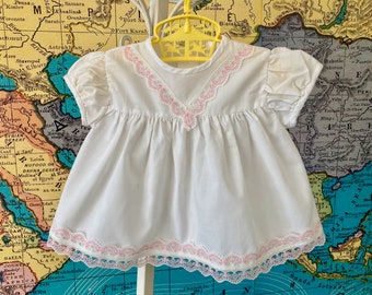 White Vintage Baby Dress with Pink Lace Trim, Size 6 Months