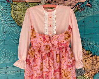 Pink Floral 70s Dress with Decorative Belt, Age 7 - 8