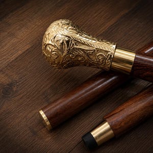 May include: A close-up of a wooden cane with a decorative gold-colored handle. The handle features an ornate floral design. The cane's shaft is a dark brown color, and the ferrule is gold-colored. The cane is resting on a wooden surface.