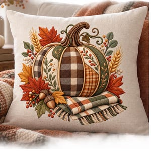 Lapptäckespumpa PNG, rutig höstsublimeringsdesign, broderad höstblommig clipart, mysig bondgård Thanksgiving digital nedladdning