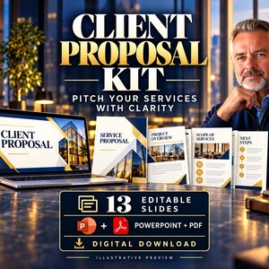 Könnte beinhalten: Ein digitales Kundenangebots-Kit mit 13 bearbeitbaren Folien in PowerPoint- und PDF-Formaten. Die Anzeige zeigt einen Laptop und gedruckte Dokumente mit Texten wie Client Proposal, Service Proposal, Project Overview, Scope of Services und Next Steps.