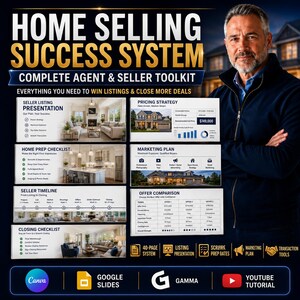 May include: A Home Selling Success System toolkit featuring a professional guide for real estate agents and sellers. The graphic displays sections for listing presentations, pricing strategies, home prep checklists, marketing plans, and closing timelines.