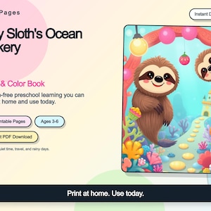 May include: A digital product listing for Silly Sloth's Ocean Bakery Look & Color Book. The graphic features two brown sloths in an underwater scene with coral, a path, and a castle. Text includes VividaPages, 30 Printable Pages, and Ages 3-6.