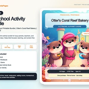 Preschool Activity Bundle PDF, Otter's Coral Reef Bakery Printables for Ages 3-6, Screen-Free Quiet Time
