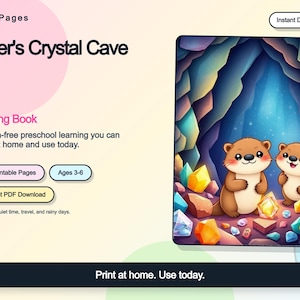 May include: A digital tracing book titled Otter's Crystal Cave by VividaPages. The cover features two brown otters standing in a blue cave surrounded by colorful crystals. Text includes 30 Printable Pages, Ages 3-6, Instant PDF Download, and Print at home. Use today.