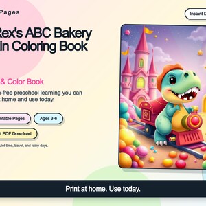 May include: A digital coloring book titled T-Rex's ABC Bakery Train Coloring Book by VividaPages. The cover features a teal dinosaur wearing an orange hat, driving a red train through a colorful landscape with a pink castle and scattered candy.