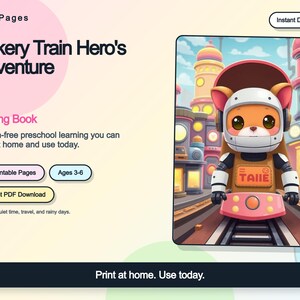 May include: A digital product listing for a Bakery Train Hero's Adventure tracing book. The graphic features a cartoon cat character wearing a white helmet and brown suit, riding a train on tracks in a colorful town. Text includes 30 Printable Pages.