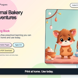 May include: A digital tracing book titled Animal Bakery Adventures featuring a brown cartoon animal in a kitchen setting with baking supplies. The product includes 30 printable pages for ages 3-6, available as an instant PDF download to print at home.