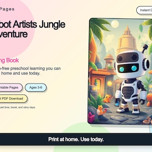 May include: A digital tracing book titled Robot Artists Jungle Adventure featuring a white and black robot character in a jungle setting with small animals. The product includes 30 printable pages for ages 3-6, available as an instant PDF download.