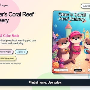 Look Color Activity Printable PDF, Otter's Coral Reef Bakery Preschool Activity for Ages 3-6, Instant Download