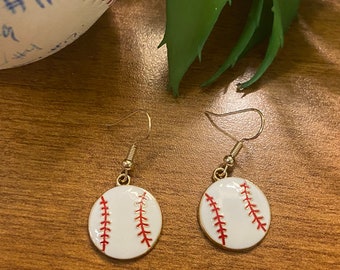 Baseball Shaped Earrings with gold drop.