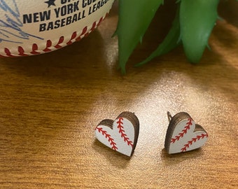 Baseball Heart Shaped Wooden Earrings