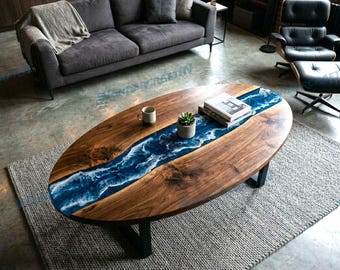 Mesa de centro oval em resina com ondas do oceano azul – Design em madeira natural, móvel feito à mão