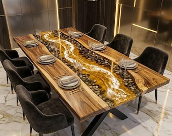 Gold Epoxy Resin River Table, Live Edge Acacia Dining Table, River Stone Wood Table, Custom Furniture