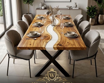 Custom White Epoxy Resin Dining Table, Live Edge Wood River Table, Handmade Luxury Furniture