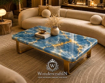 Blue Onyx Coffee Table, Handmade Stone Coffee Table, Luxury Room Table, Custom Onyx Furniture