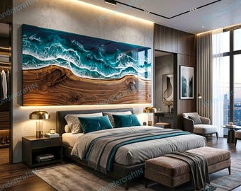 Blue Ocean Wave Resin River Headboard – Custom Live Edge Design