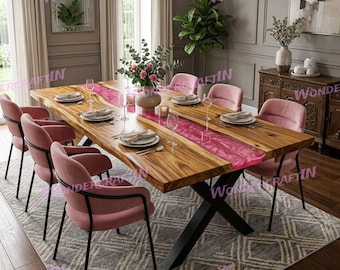 Mesa de resina rosa hecha a mano / Mesa de comedor de madera maciza con borde natural / Muebles de lujo personalizados