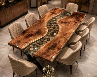 Mesa de comedor de resina epoxi con piedra de río hecha a mano, mesa de madera de acacia con borde natural, muebles a medida.