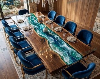 Handmade Ocean Wave Resin & Natural Acacia Wood Dining Table | luxury Resin Furniture