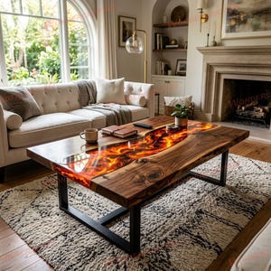 Op de afbeelding: Een rechthoekige houten salontafel met een levendig, vurig harsrivierontwerp. De tafel heeft een donkere houtnerf en zwarte metalen poten. Het harsrivierontwerp heeft tinten oranje en geel.