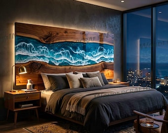 Testiera del letto realizzata a mano in resina blu effetto onda oceanica con inserti in legno naturale, ideale per l'arredamento della casa.