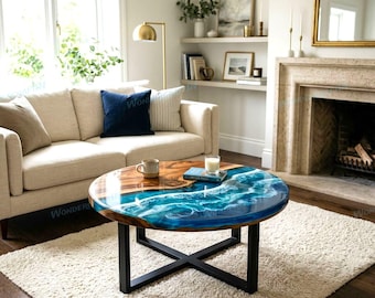 Mesa de centro de resina epoxi Blue Ocean Wave / Mesa de madera con borde natural / Muebles de lujo hechos a mano