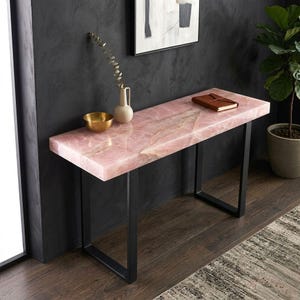 Handcrafted Rose Quartz Console Table | Luxury Entryway Accent Table | Crystal Furniture for Living Room