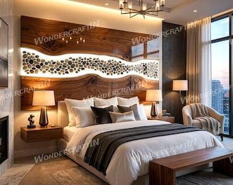 Testiera per letto Riverstone in resina epossidica bianca e legno di acacia – Testiera per letto Riverstone realizzata a mano su ordinazione