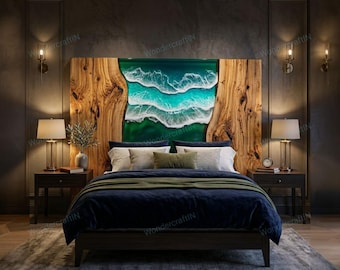 Live Edge Wood Headboard with Teal Green Ocean Wave Resin | home Decor