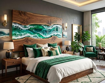 Green Resin Ocean Wave Headboard – Live Edge Wood Luxury Bedroom Décor | Bedroom Furniture