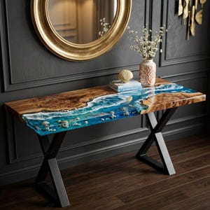 Blue Epoxy Resin Console Table | Ocean Wave Live Edge Entryway Table | Handmade Wood Furniture