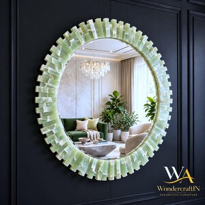 Espejo de pared de ónix verde, espejo de piedra natural, espejo de lujo que marca la diferencia, decoración del hogar hecha a mano, arte de pared con piedras preciosas, espejo decorativo moderno.