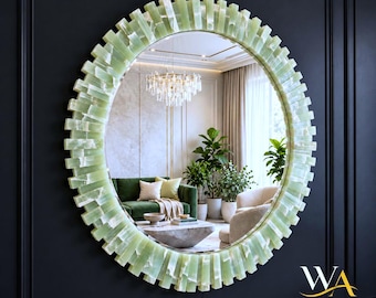 Green Onyx Wall Mirror, Natural Stone Mirror, Luxury Statement Mirror, Handmade Home Decor, Gemstone Wall Art, Modern Accent Mirror