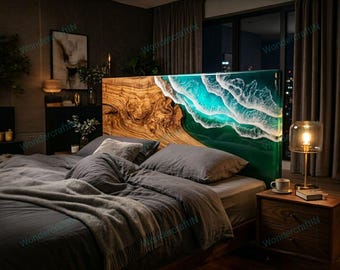 Cabecero de resina color verde azulado con diseño de olas oceánicas – Madera de acacia, muebles hechos a medida
