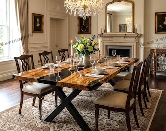 Mesa de comedor de madera maciza y resina epoxi negra – Mesa moderna hecha a medida.