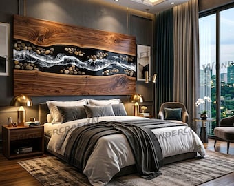 Op maat gemaakt hoofdeinde van zwarte oceaangolf epoxyhars met levend hout | Pebbles hoofdeinde bed