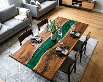 Mesa de comedor de resina metálica verde y madera – Mesa de río artesanal con borde natural, muebles de comedor personalizados.