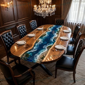 Ocean Wave Epoxy Resin Dining Table, Large Oval Live Edge River Table, Custom Wood Dining Room Table Top, Coastal Luxury Home Decor