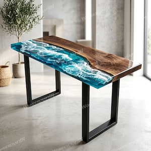 Handcrafted Ocean Wave Epoxy Resin Entryway Table | Live Edge Wood Console Table | Home Decor