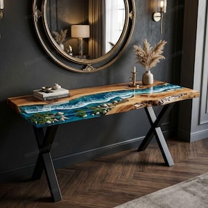 Konsolbord i epoxiharts med havsvågor | Akvariumstil med live-edge-funktion i entrén | Möbler i kuststil