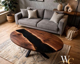 Black Epoxy  Oval Coffee Table | Live Edge Walnut Wood Table | Handmade Resin Furniture | Modern Living Room Furniture | Custom Table