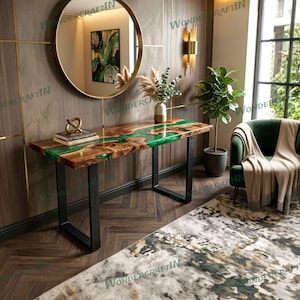 Green Metallic Epoxy Resin Console Table | Live Edge Wood Sofa Table | Handmade Modern Furniture
